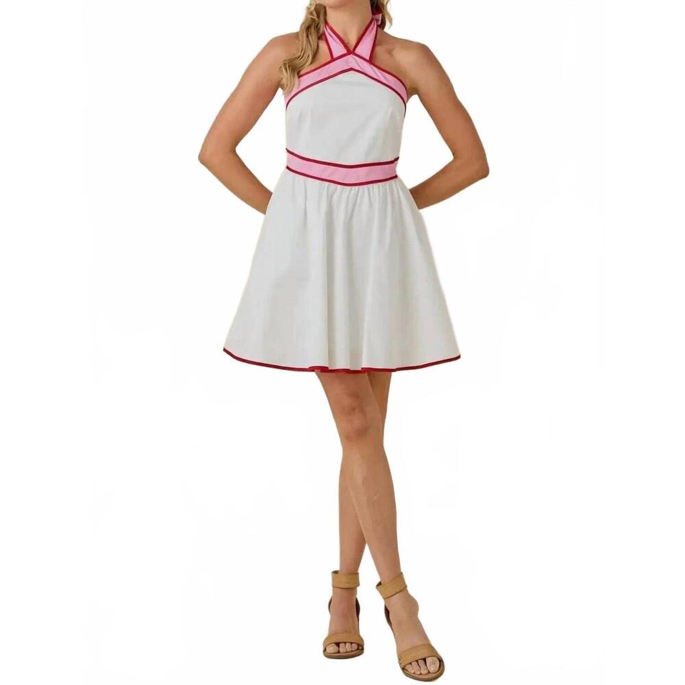 NEW BABY PINK nova colorblock halter mini dress in white